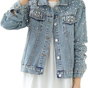 Forever 21 Light Blue Pearl-Embellished Denim Jacket